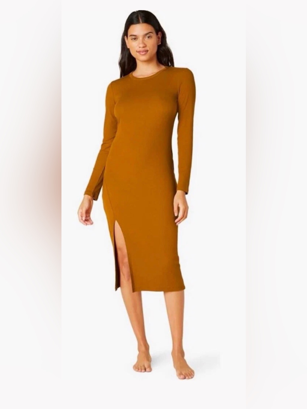 Nwt Rust Ribbed Long Sleeve Midi Bodycon Dress - Size Small